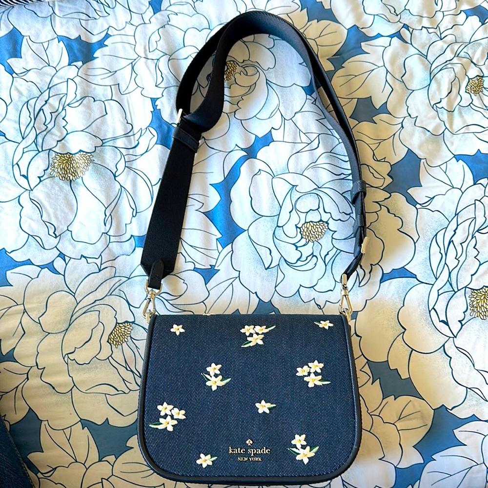 Kate Spade Madison Floral Embroidered Blue Denim Saddle Bag